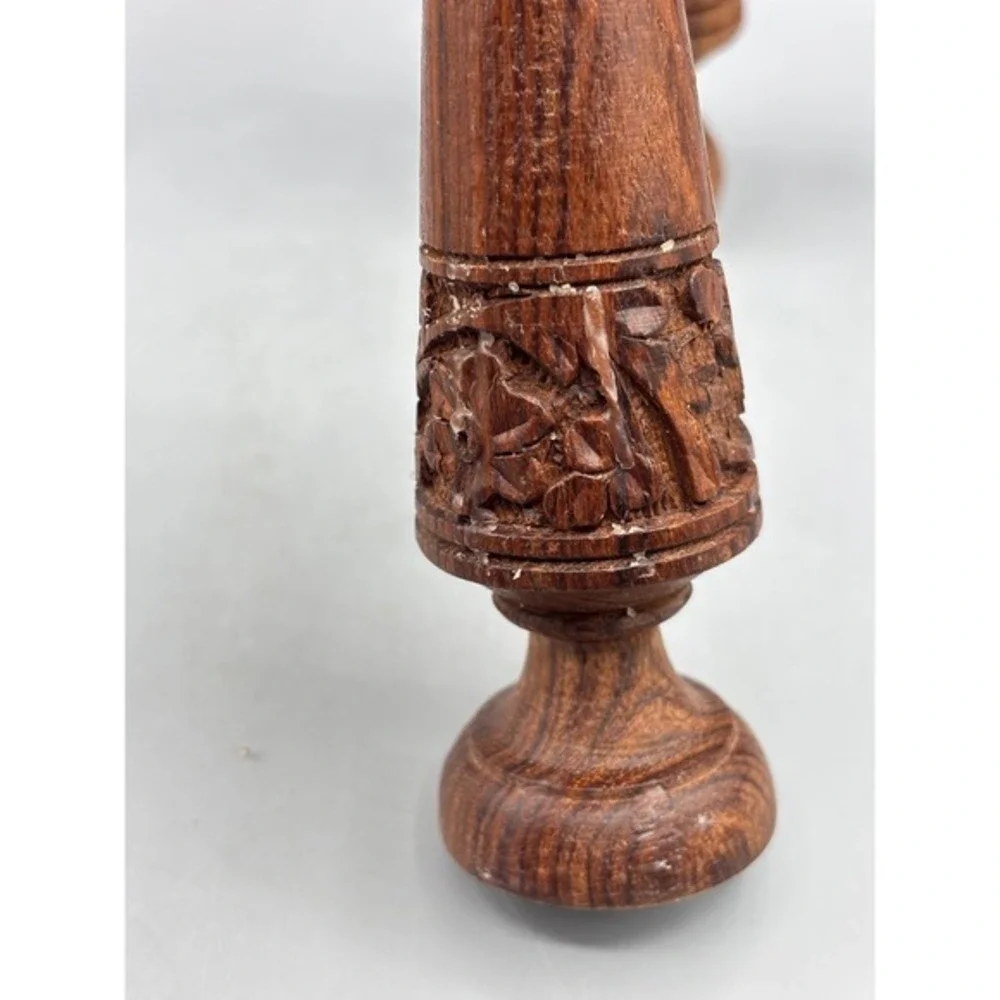 Vintage Carved Wooden Candlesticks Pair Floral Design Taper Boho‎